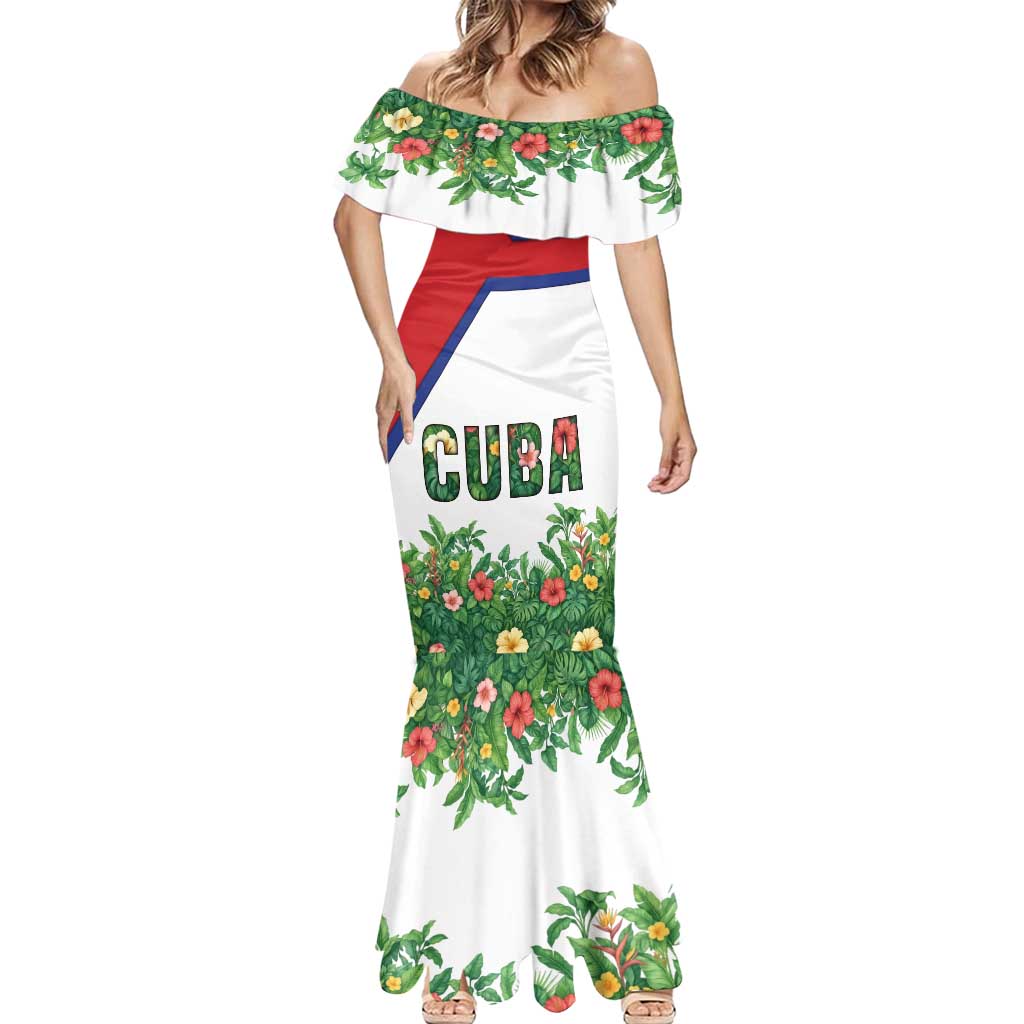 Cuba Floral Mermaid Dress Tropical Flower Design with Cuban Flag and Cuba en Flor Script - Wonder Print Shop