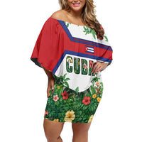 Cuba Floral Off Shoulder Short Dress Tropical Flower Design with Cuban Flag and Cuba en Flor Script - Wonder Print Shop