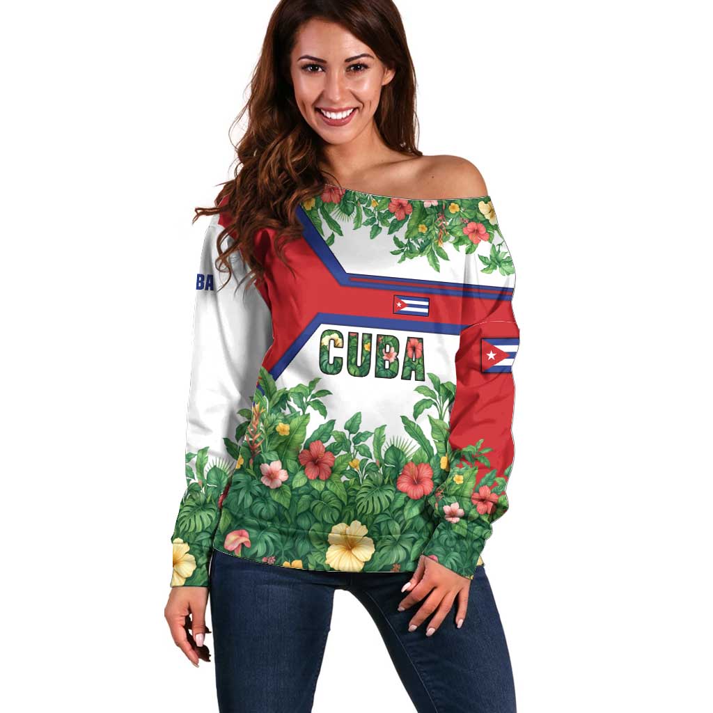 Cuba Floral Off Shoulder Sweater Tropical Flower Design with Cuban Flag and Cuba en Flor Script - Wonder Print Shop
