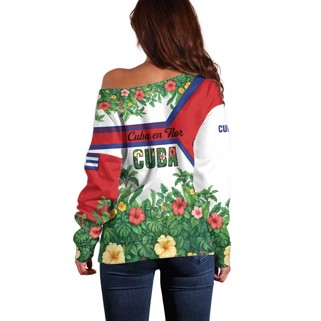 Cuba Floral Off Shoulder Sweater Tropical Flower Design with Cuban Flag and Cuba en Flor Script - Wonder Print Shop