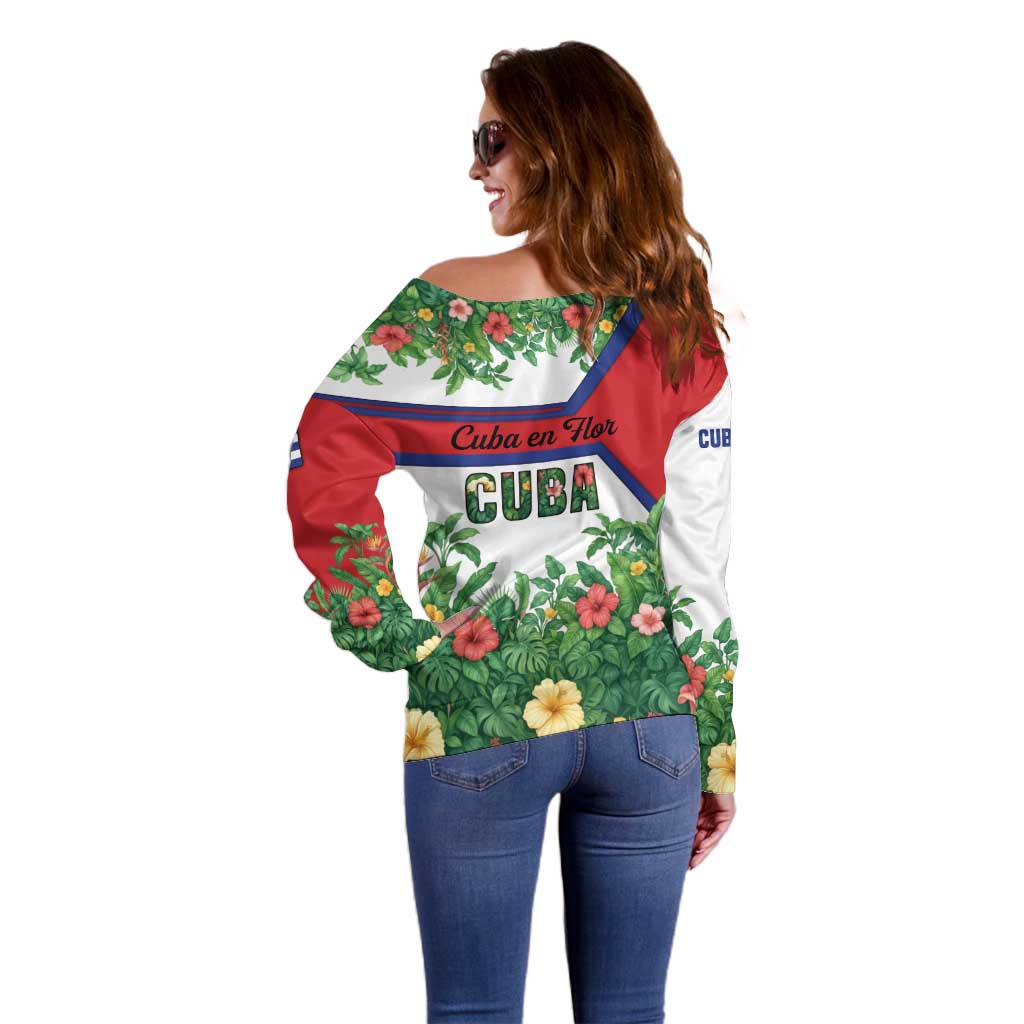 Cuba Floral Off Shoulder Sweater Tropical Flower Design with Cuban Flag and Cuba en Flor Script - Wonder Print Shop