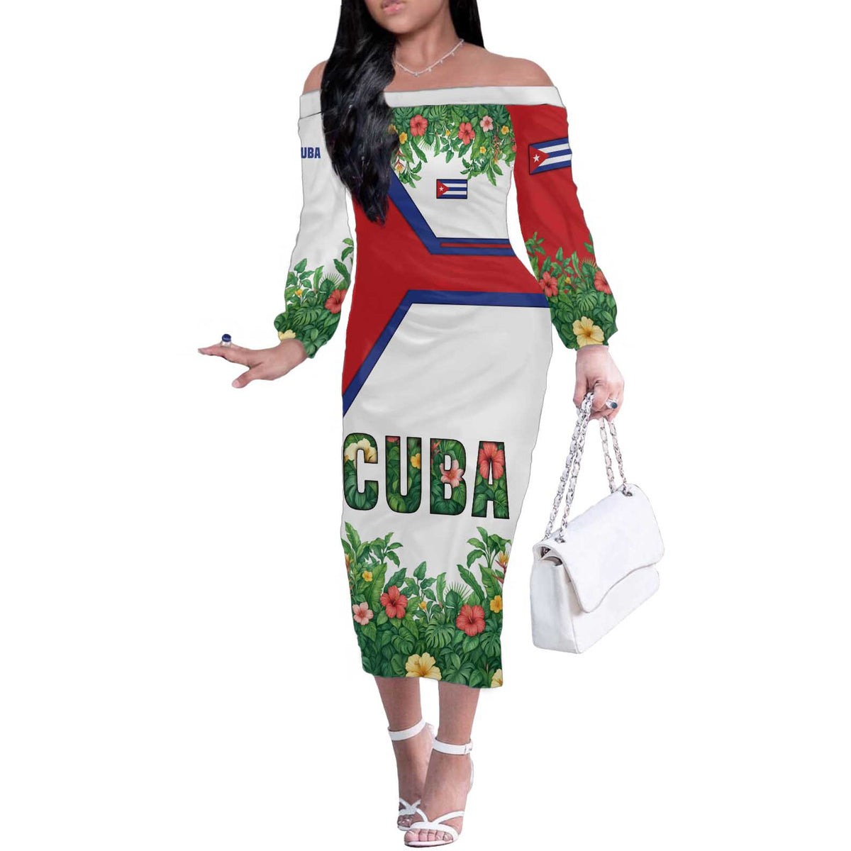 Cuba Floral Off The Shoulder Long Sleeve Dress Tropical Flower Design with Cuban Flag and Cuba en Flor Script - Wonder Print Shop