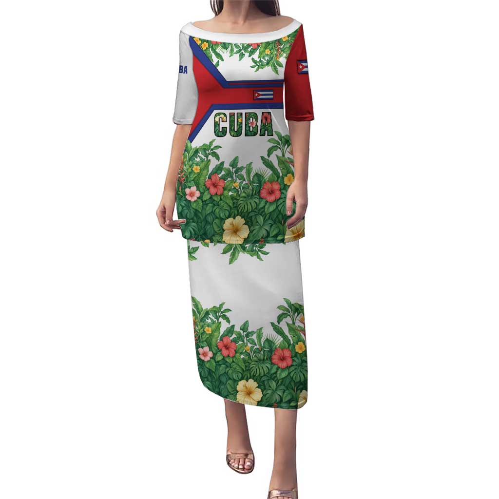 Cuba Floral Puletasi Tropical Flower Design with Cuban Flag and Cuba en Flor Script - Wonder Print Shop