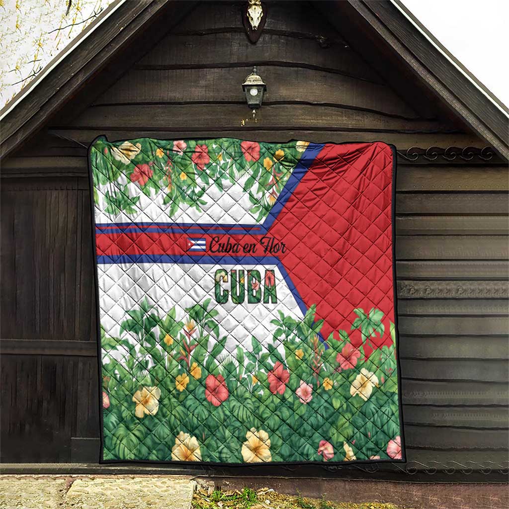 Cuba Floral Quilt Tropical Flower Design with Cuban Flag and Cuba en Flor Script - Wonder Print Shop