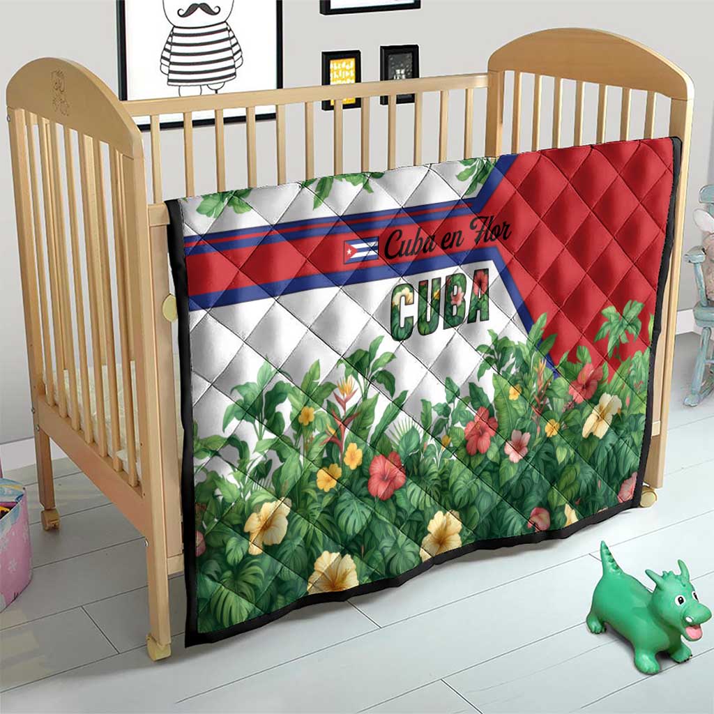 Cuba Floral Quilt Tropical Flower Design with Cuban Flag and Cuba en Flor Script - Wonder Print Shop