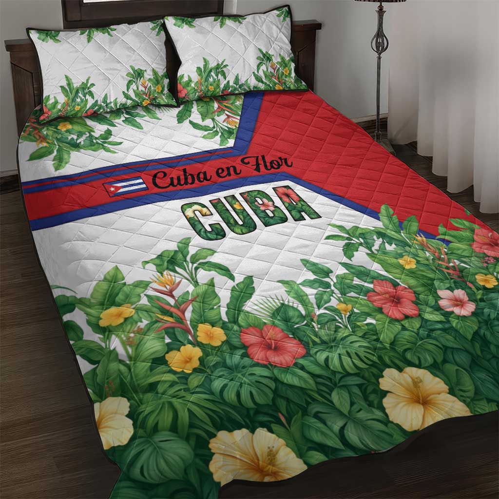 Cuba Floral Quilt Bed Set Tropical Flower Design with Cuban Flag and Cuba en Flor Script - Wonder Print Shop