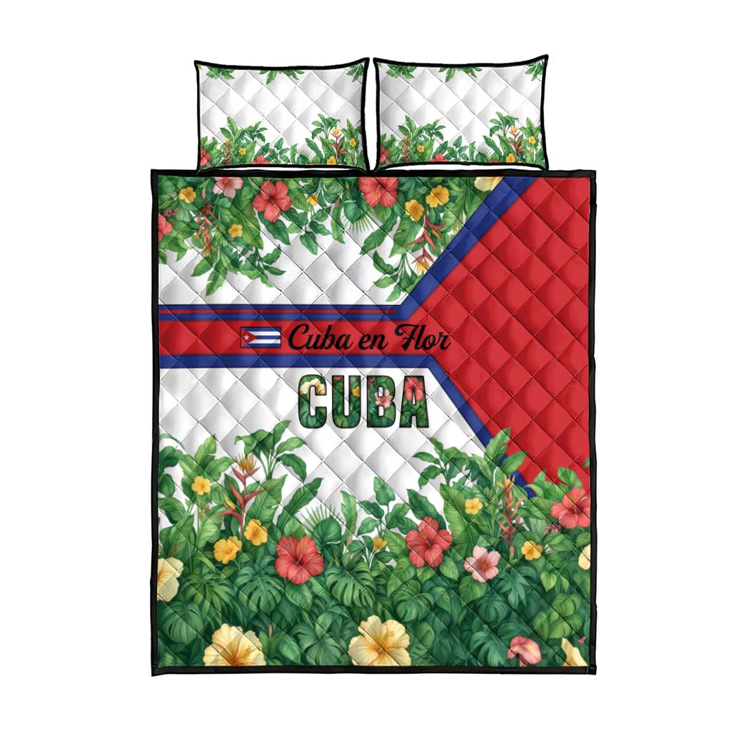 Cuba Floral Quilt Bed Set Tropical Flower Design with Cuban Flag and Cuba en Flor Script - Wonder Print Shop