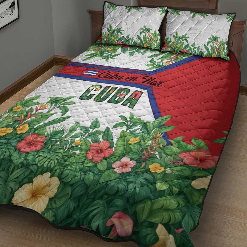Cuba Floral Quilt Bed Set Tropical Flower Design with Cuban Flag and Cuba en Flor Script - Wonder Print Shop