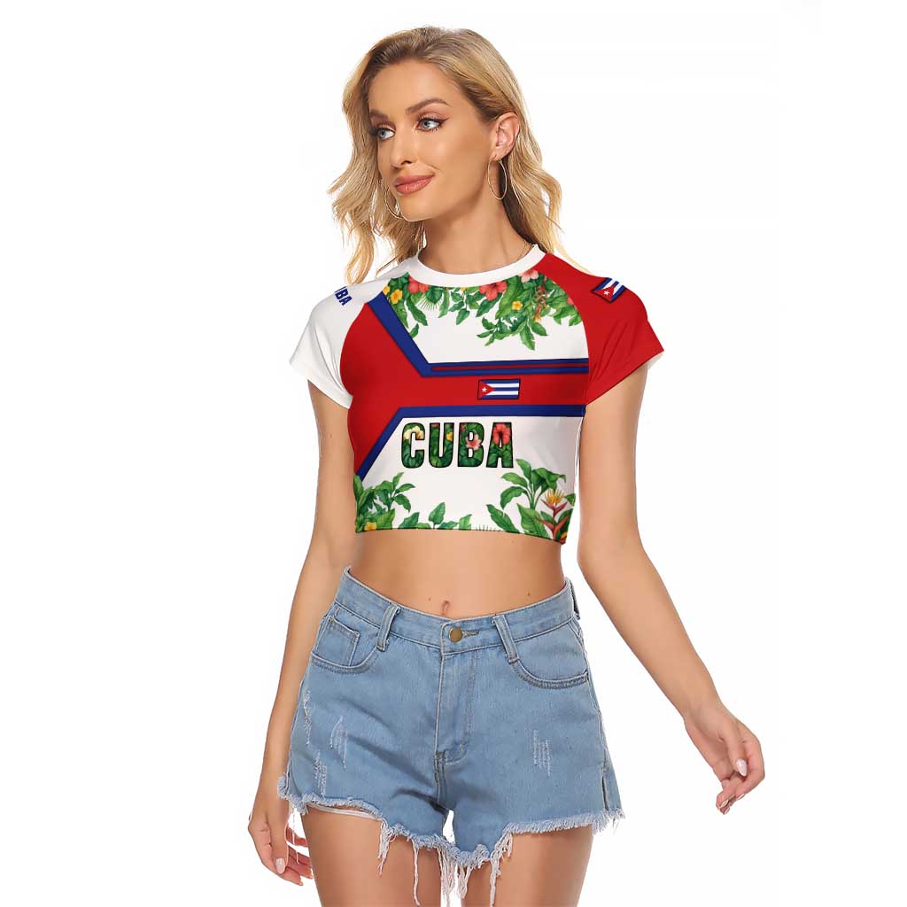Cuba Floral Raglan Cropped T Shirt Tropical Flower Design with Cuban Flag and Cuba en Flor Script - Wonder Print Shop