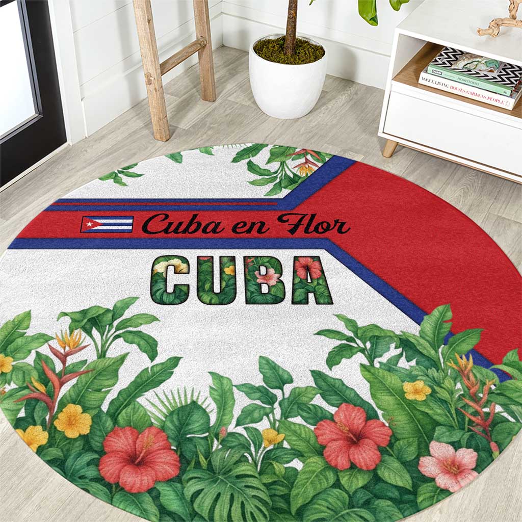 Cuba Floral Round Carpet Tropical Flower Design with Cuban Flag and Cuba en Flor Script - Wonder Print Shop