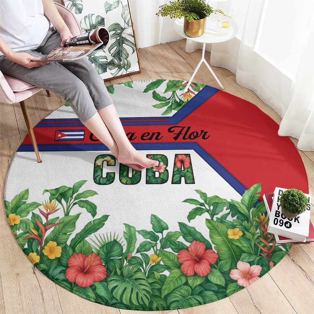 Cuba Floral Round Carpet Tropical Flower Design with Cuban Flag and Cuba en Flor Script - Wonder Print Shop
