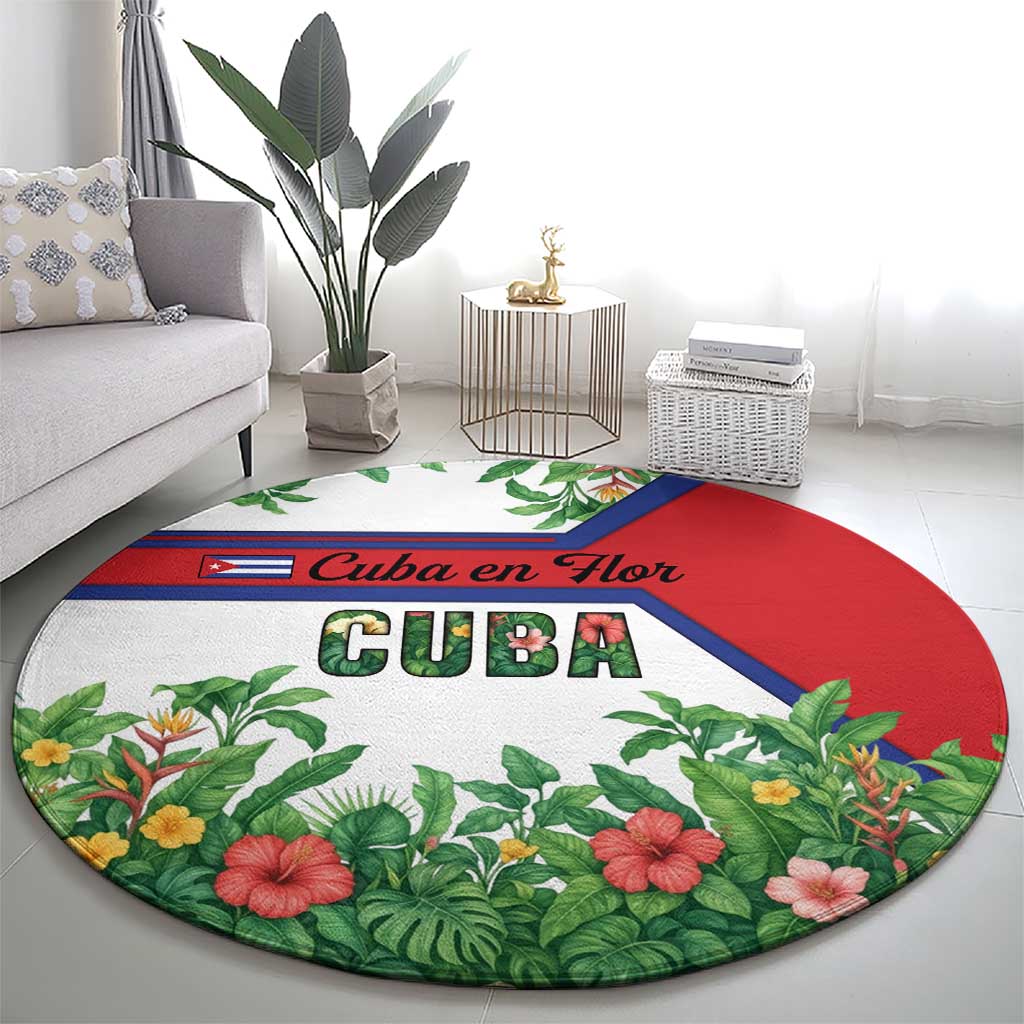 Cuba Floral Round Carpet Tropical Flower Design with Cuban Flag and Cuba en Flor Script - Wonder Print Shop