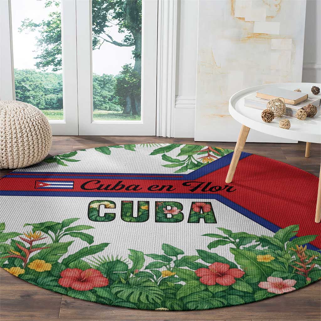 Cuba Floral Round Carpet Tropical Flower Design with Cuban Flag and Cuba en Flor Script - Wonder Print Shop
