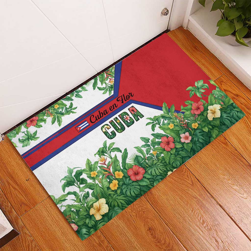 Cuba Floral Rubber Doormat Tropical Flower Design with Cuban Flag and Cuba en Flor Script - Wonder Print Shop
