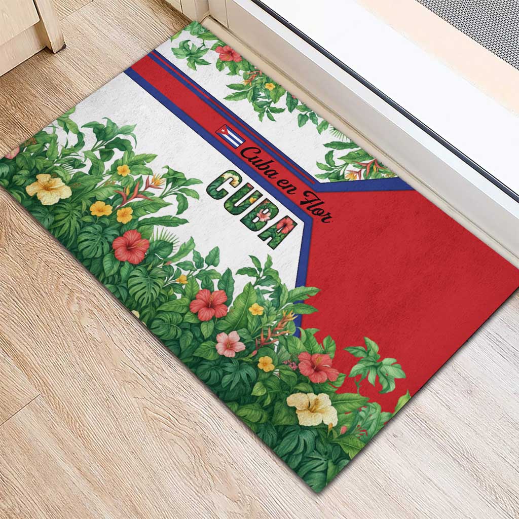 Cuba Floral Rubber Doormat Tropical Flower Design with Cuban Flag and Cuba en Flor Script - Wonder Print Shop