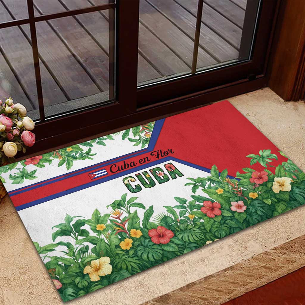 Cuba Floral Rubber Doormat Tropical Flower Design with Cuban Flag and Cuba en Flor Script - Wonder Print Shop