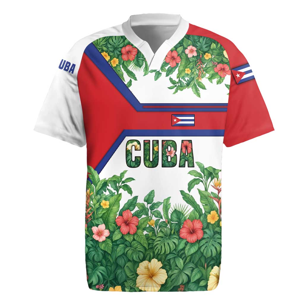 Cuba Floral Rugby Jersey Tropical Flower Design with Cuban Flag and Cuba en Flor Script - Wonder Print Shop