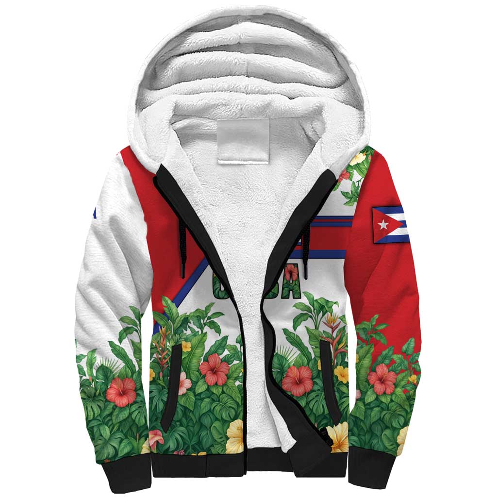 Cuba Floral Sherpa Hoodie Tropical Flower Design with Cuban Flag and Cuba en Flor Script - Wonder Print Shop