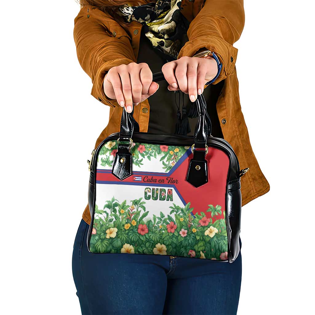 Cuba Floral Shoulder Handbag Tropical Flower Design with Cuban Flag and Cuba en Flor Script - Wonder Print Shop