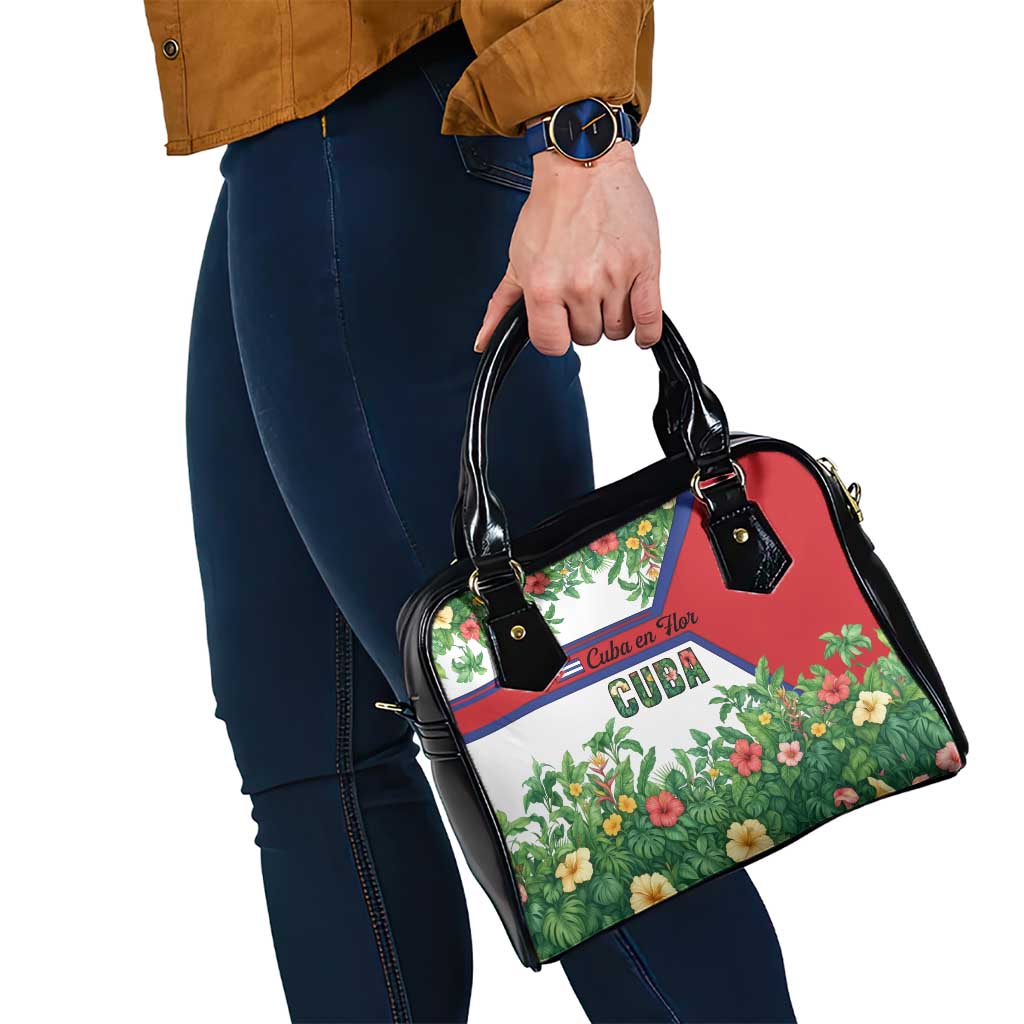 Cuba Floral Shoulder Handbag Tropical Flower Design with Cuban Flag and Cuba en Flor Script - Wonder Print Shop