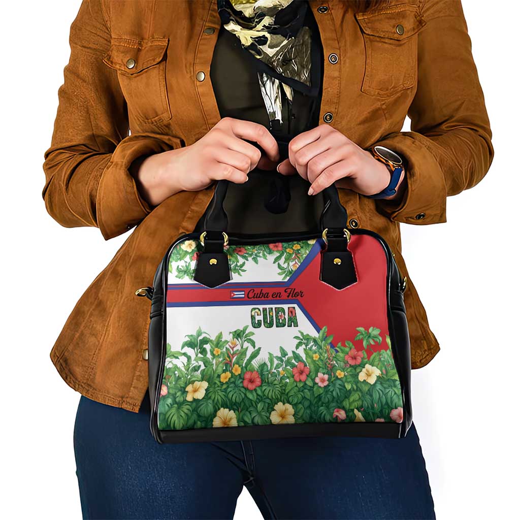 Cuba Floral Shoulder Handbag Tropical Flower Design with Cuban Flag and Cuba en Flor Script - Wonder Print Shop