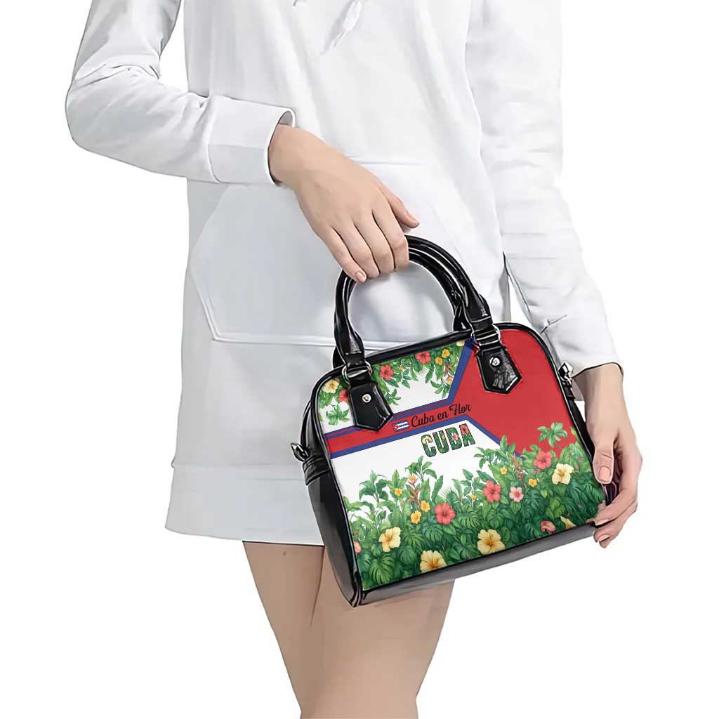 Cuba Floral Shoulder Handbag Tropical Flower Design with Cuban Flag and Cuba en Flor Script - Wonder Print Shop