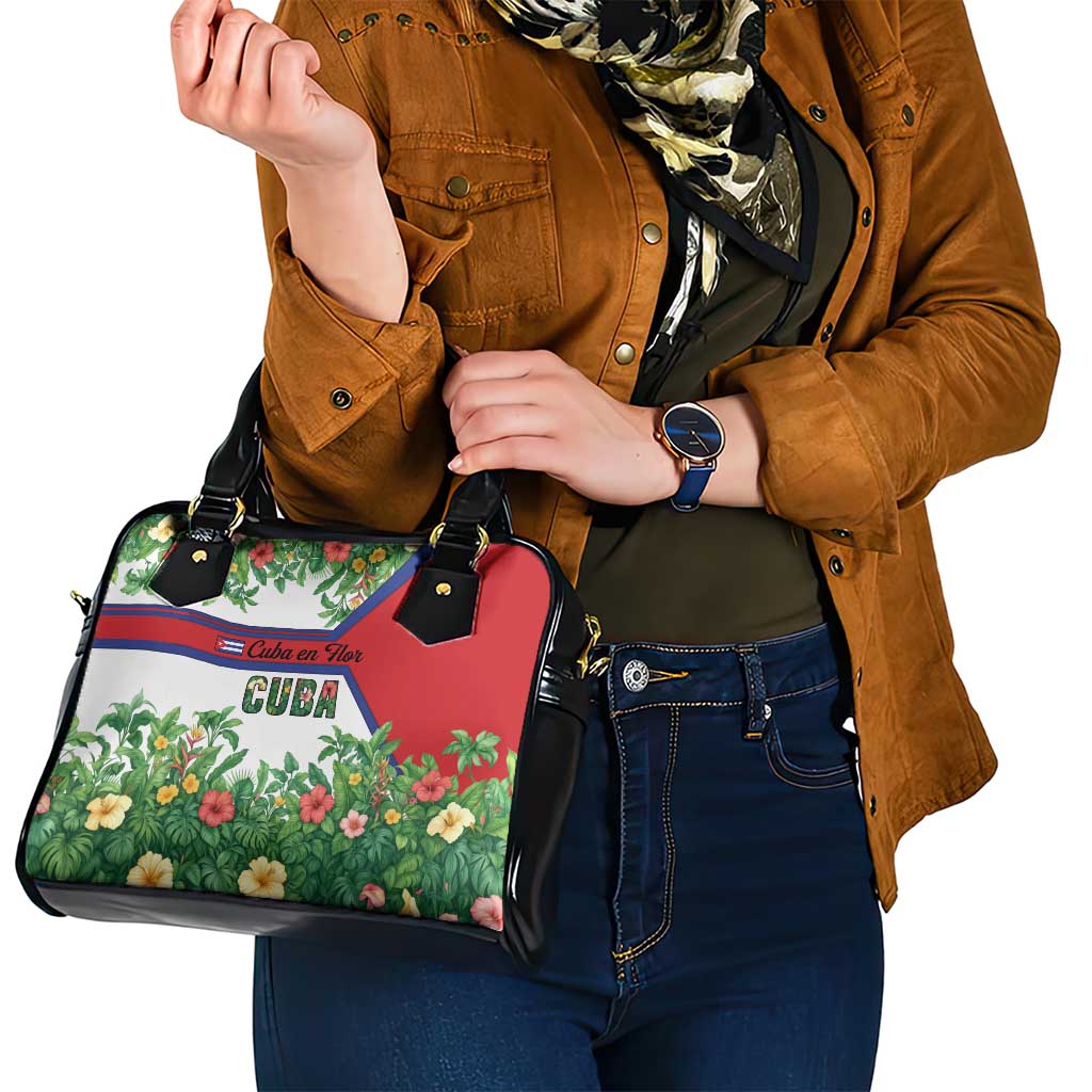 Cuba Floral Shoulder Handbag Tropical Flower Design with Cuban Flag and Cuba en Flor Script - Wonder Print Shop