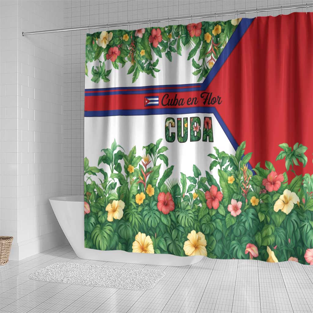 Cuba Floral Shower Curtain Tropical Flower Design with Cuban Flag and Cuba en Flor Script - Wonder Print Shop