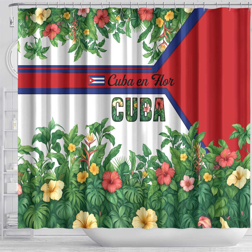 Cuba Floral Shower Curtain Tropical Flower Design with Cuban Flag and Cuba en Flor Script - Wonder Print Shop