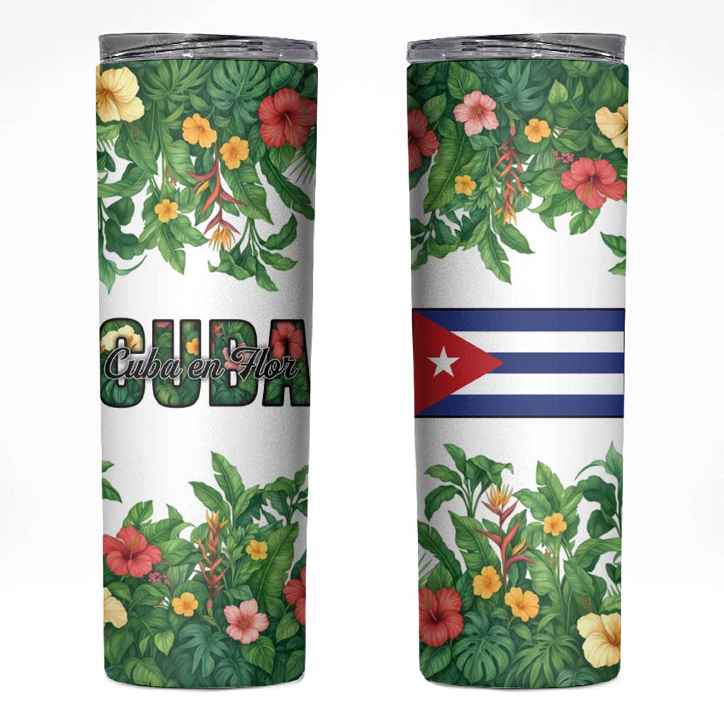Cuba Floral Skinny Tumbler Tropical Flower Design with Cuban Flag and Cuba en Flor Script - Wonder Print Shop