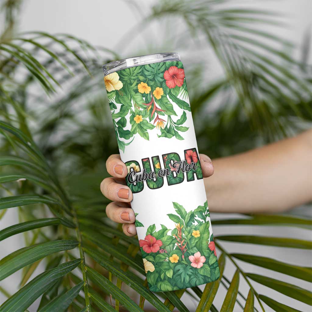 Cuba Floral Skinny Tumbler Tropical Flower Design with Cuban Flag and Cuba en Flor Script - Wonder Print Shop