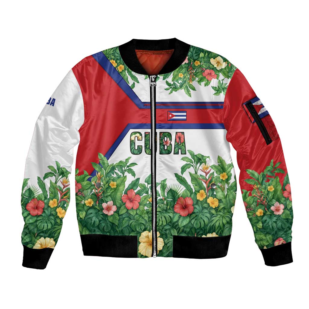 Cuba Floral Sleeve Zip Bomber Jacket Tropical Flower Design with Cuban Flag and Cuba en Flor Script - Wonder Print Shop