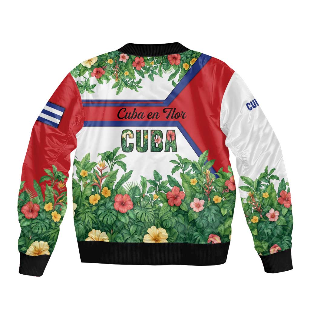 Cuba Floral Sleeve Zip Bomber Jacket Tropical Flower Design with Cuban Flag and Cuba en Flor Script - Wonder Print Shop
