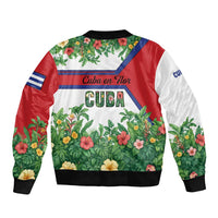 Cuba Floral Sleeve Zip Bomber Jacket Tropical Flower Design with Cuban Flag and Cuba en Flor Script - Wonder Print Shop