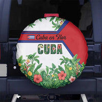 Cuba Floral Spare Tire Cover Tropical Flower Design with Cuban Flag and Cuba en Flor Script - Wonder Print Shop