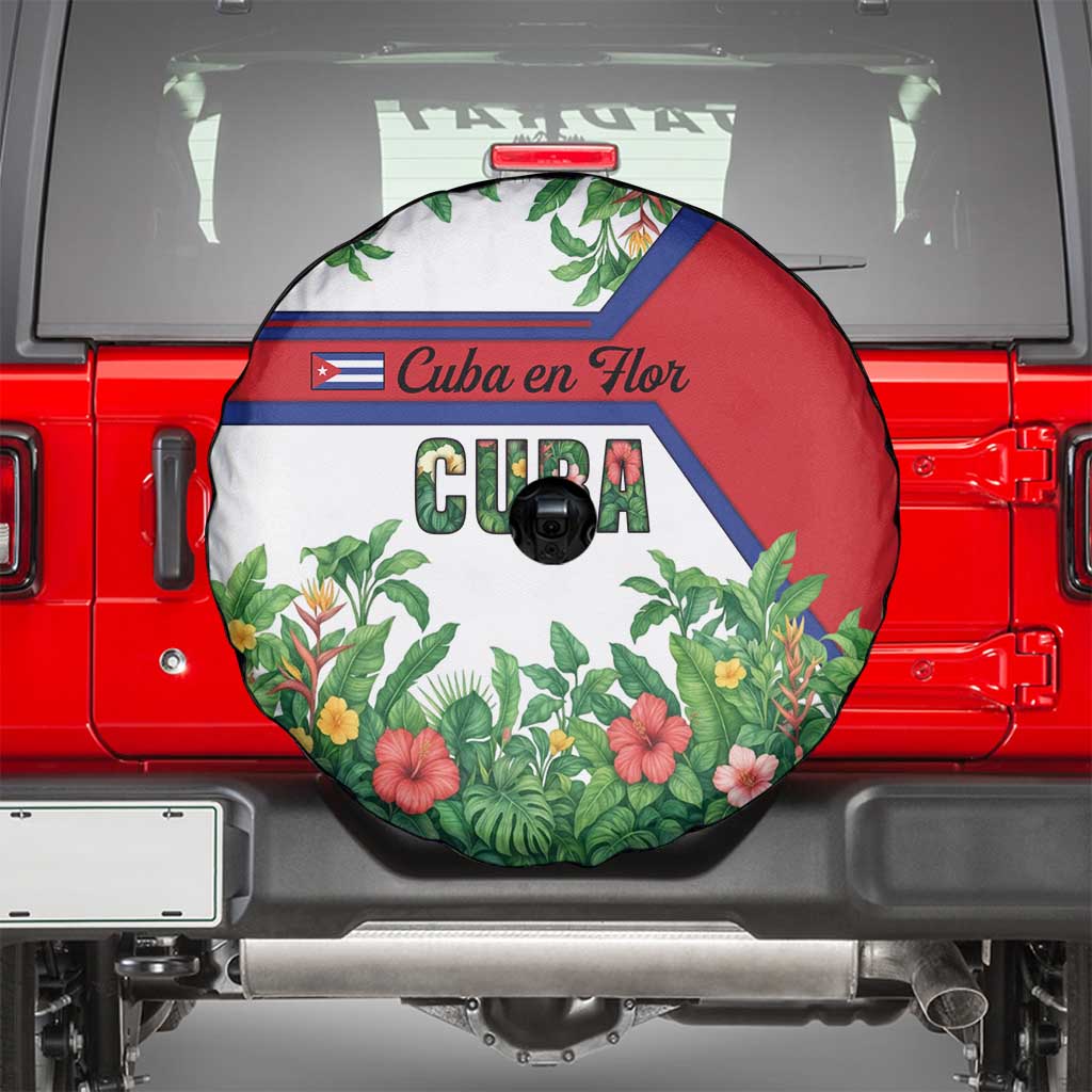 Cuba Floral Spare Tire Cover Tropical Flower Design with Cuban Flag and Cuba en Flor Script - Wonder Print Shop