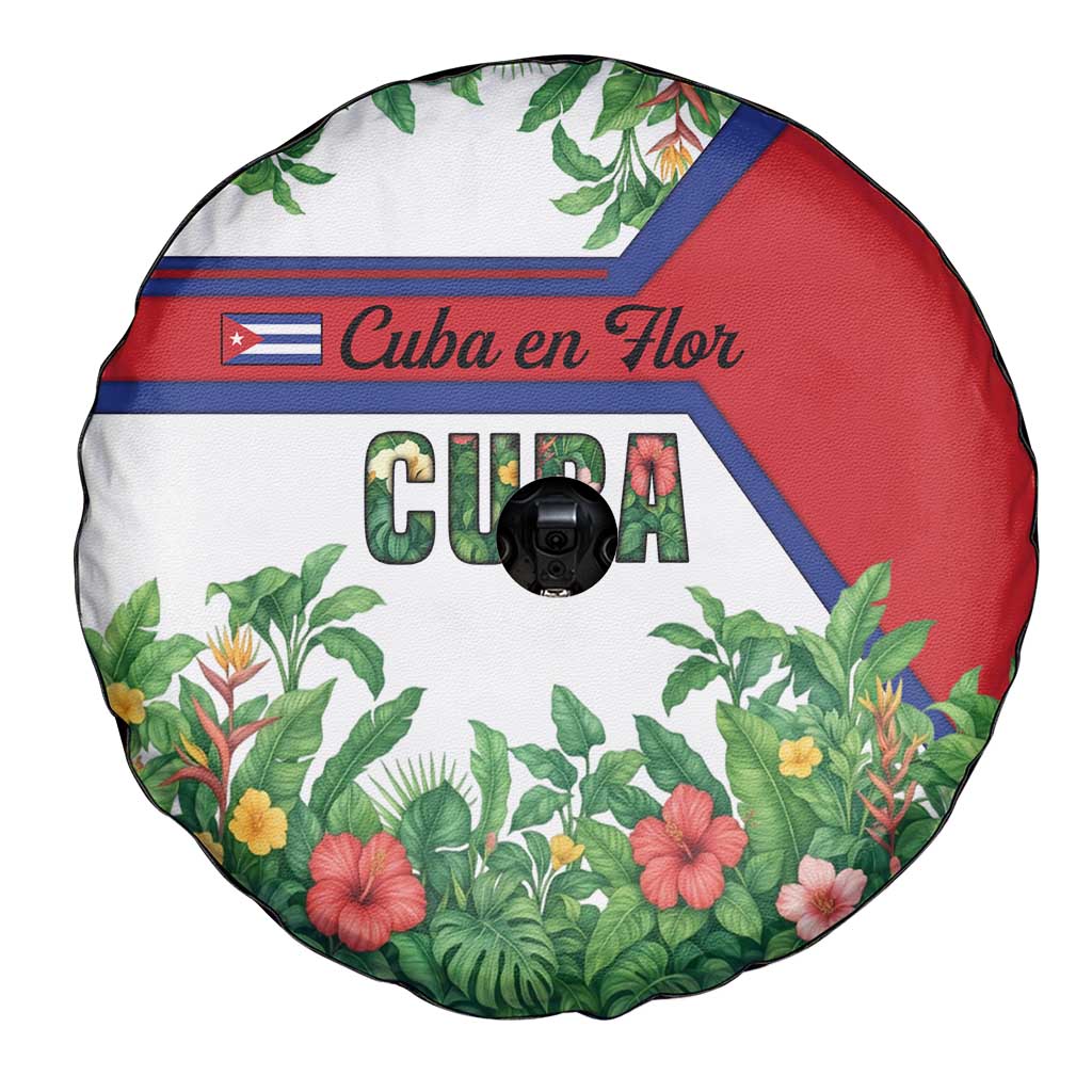 Cuba Floral Spare Tire Cover Tropical Flower Design with Cuban Flag and Cuba en Flor Script - Wonder Print Shop