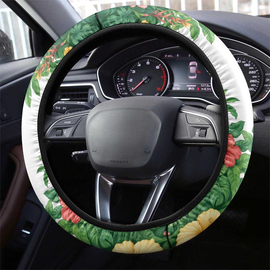 Cuba Floral Steering Wheel Cover Tropical Flower Design with Cuban Flag and Cuba en Flor Script - Wonder Print Shop