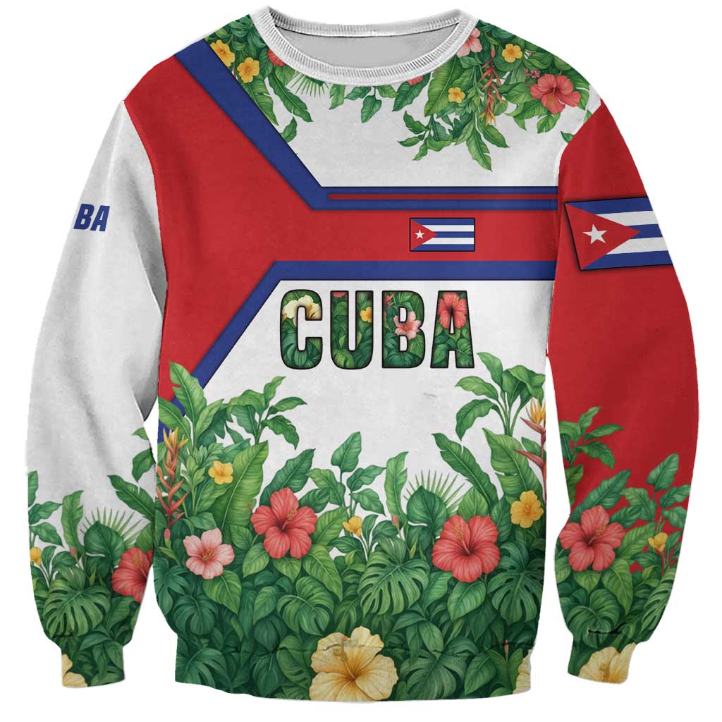 Cuba Floral Sweatshirt Tropical Flower Design with Cuban Flag and Cuba en Flor Script - Wonder Print Shop
