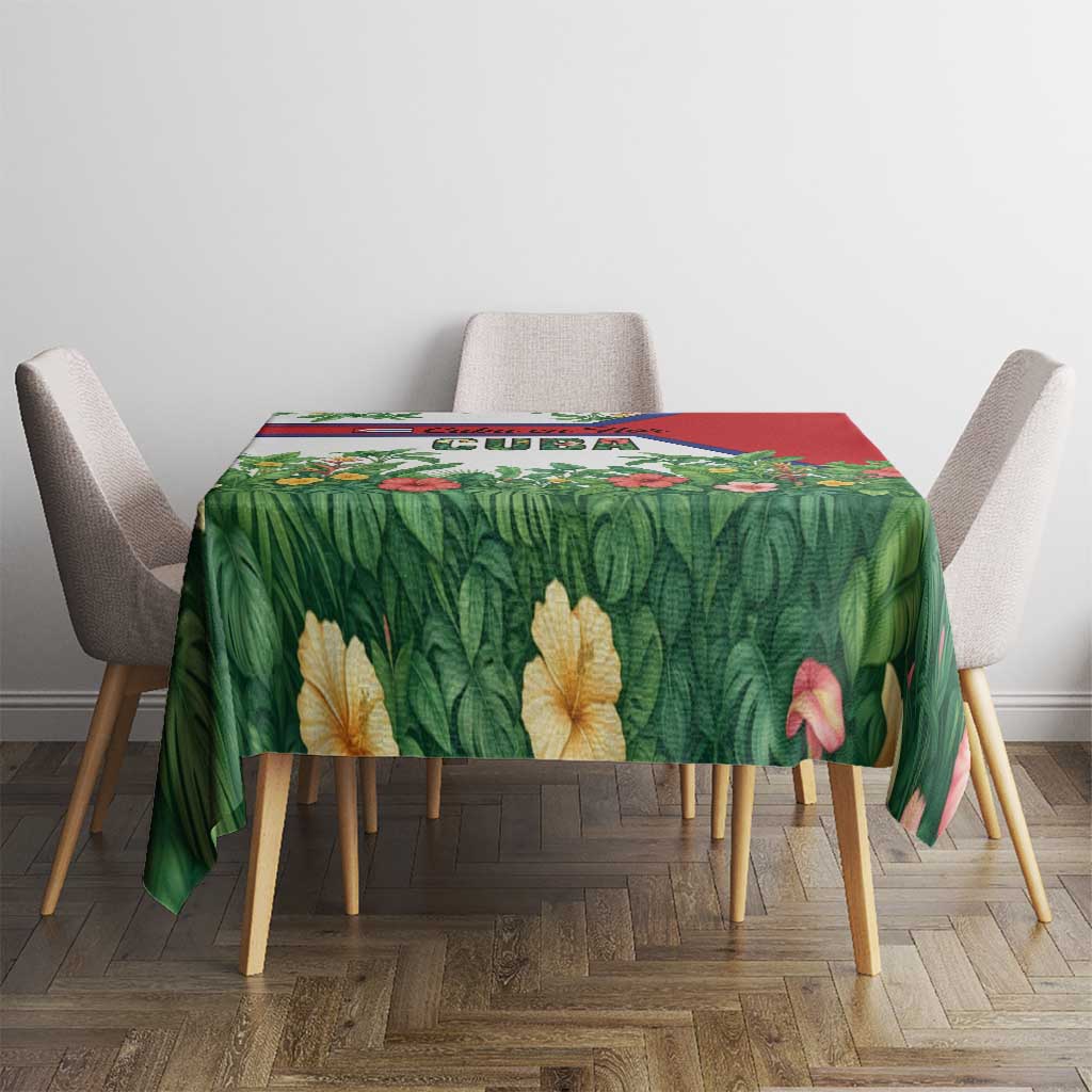 Cuba Floral Tablecloth Tropical Flower Design with Cuban Flag and Cuba en Flor Script - Wonder Print Shop