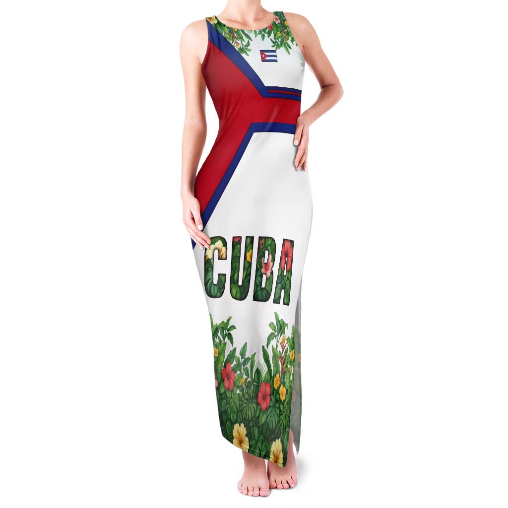 Cuba Floral Tank Maxi Dress Tropical Flower Design with Cuban Flag and Cuba en Flor Script - Wonder Print Shop
