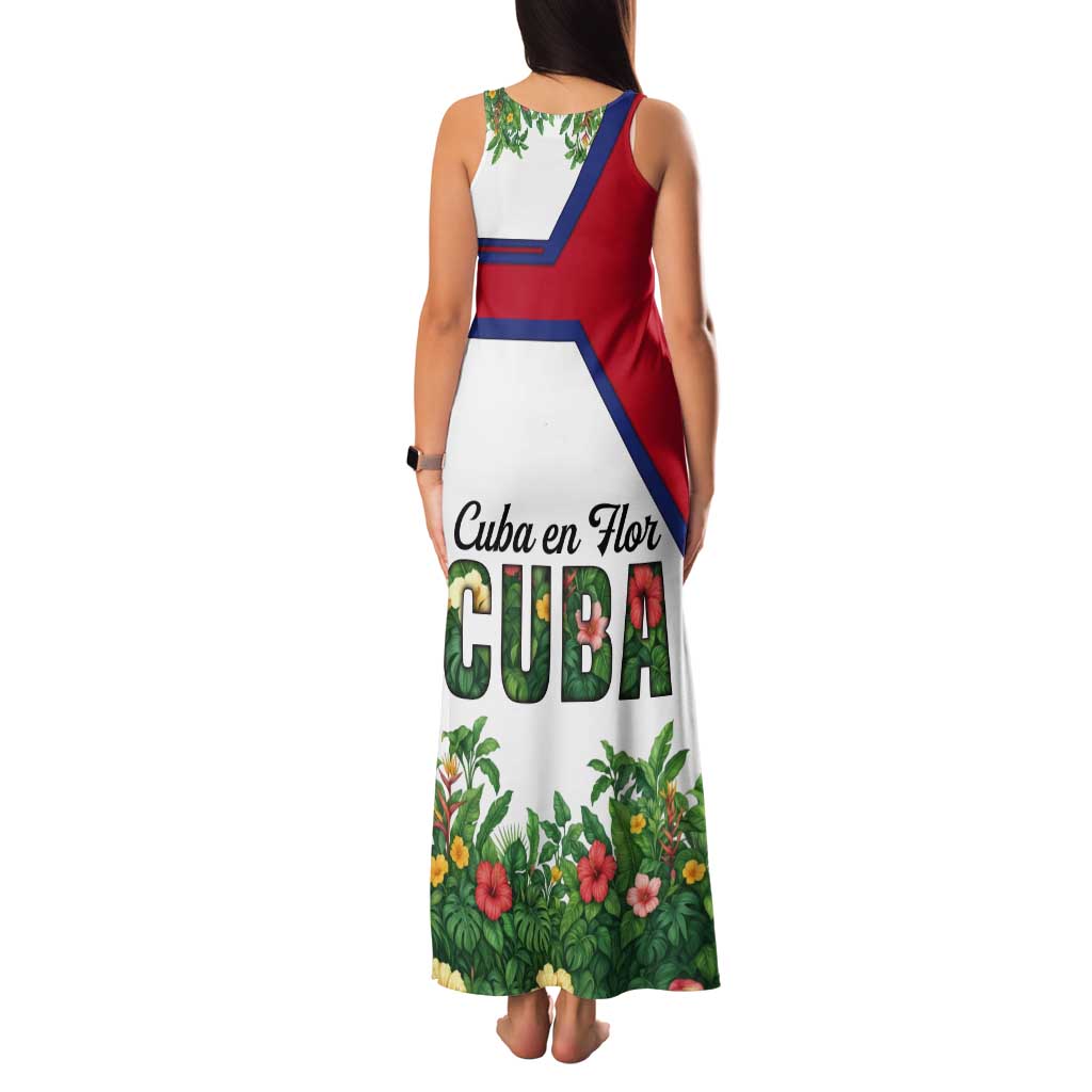 Cuba Floral Tank Maxi Dress Tropical Flower Design with Cuban Flag and Cuba en Flor Script - Wonder Print Shop