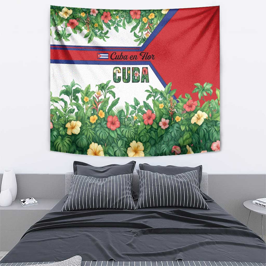 Cuba Floral Tapestry Tropical Flower Design with Cuban Flag and Cuba en Flor Script - Wonder Print Shop