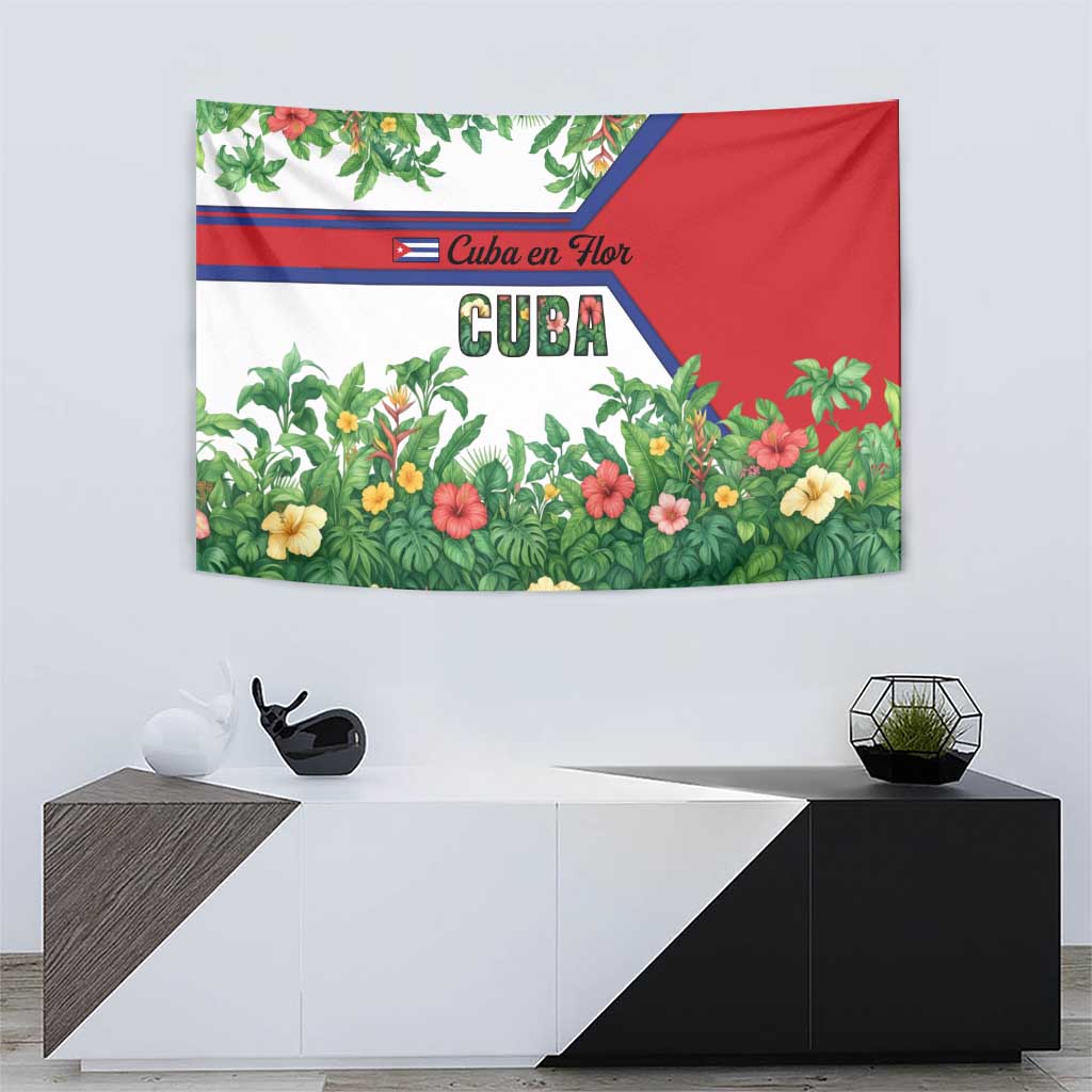 Cuba Floral Tapestry Tropical Flower Design with Cuban Flag and Cuba en Flor Script - Wonder Print Shop