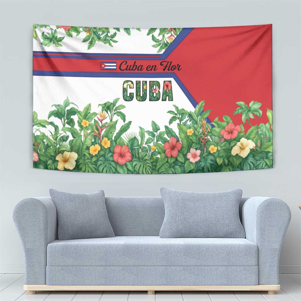 Cuba Floral Tapestry Tropical Flower Design with Cuban Flag and Cuba en Flor Script - Wonder Print Shop