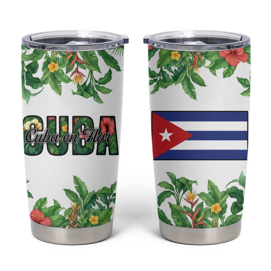 Cuba Floral Tumbler Cup Tropical Flower Design with Cuban Flag and Cuba en Flor Script - Wonder Print Shop