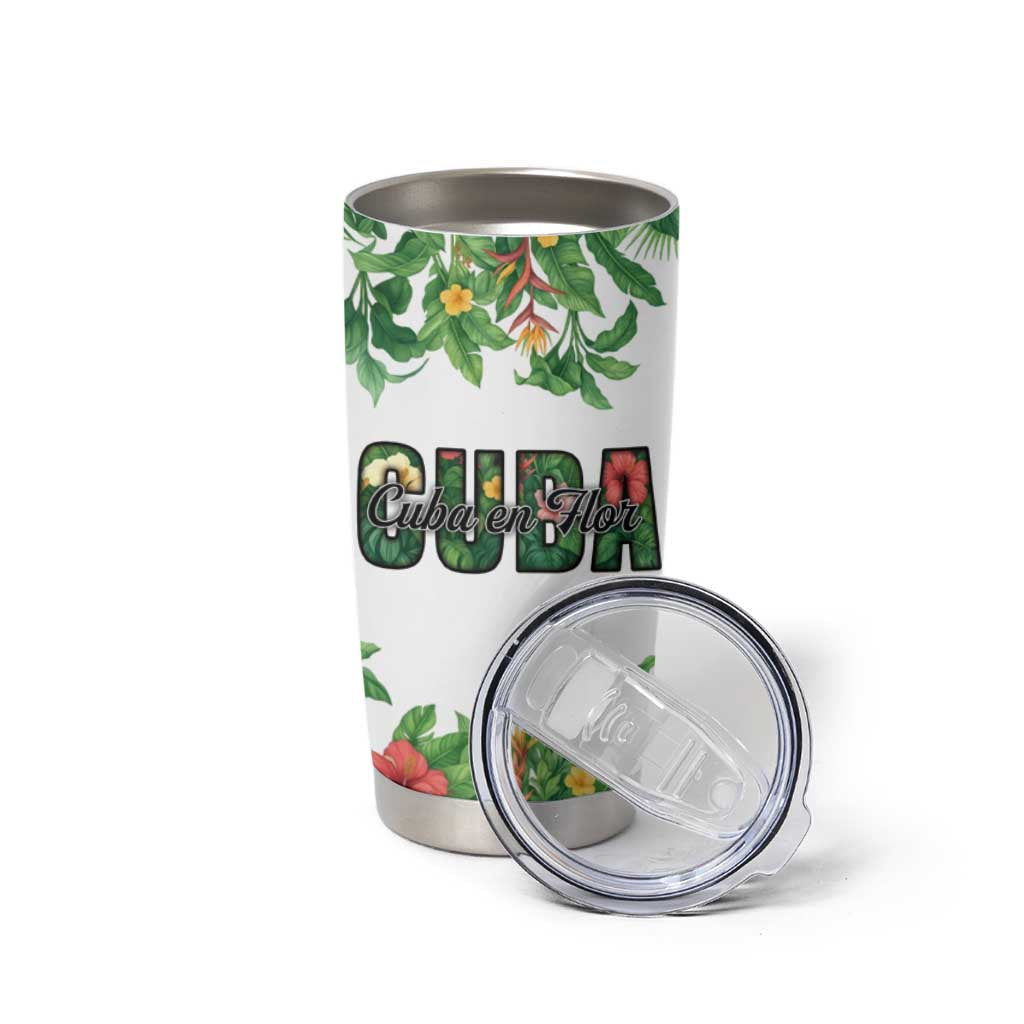 Cuba Floral Tumbler Cup Tropical Flower Design with Cuban Flag and Cuba en Flor Script - Wonder Print Shop