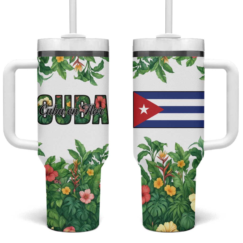 Cuba Floral Tumbler With Handle Tropical Flower Design with Cuban Flag and Cuba en Flor Script - Wonder Print Shop