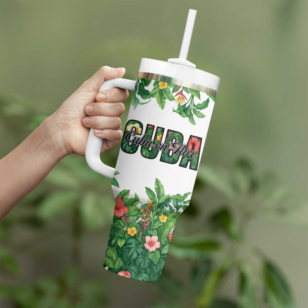 Cuba Floral Tumbler With Handle Tropical Flower Design with Cuban Flag and Cuba en Flor Script - Wonder Print Shop