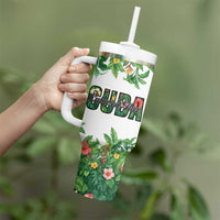 Cuba Floral Tumbler With Handle Tropical Flower Design with Cuban Flag and Cuba en Flor Script - Wonder Print Shop